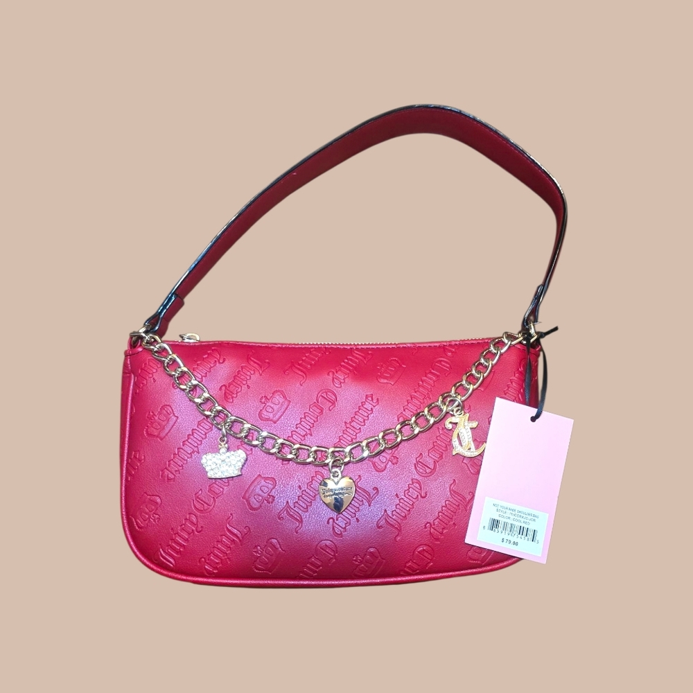 JUICY COUTURE Red Embossed Baguette Bag NWT Y2K Shoulder Purse Gold Charm Chain
